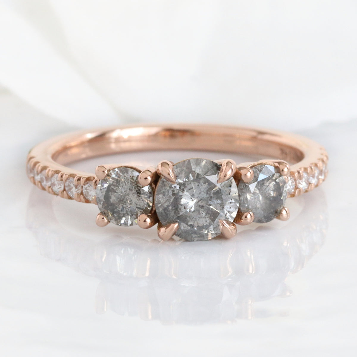 Natural Salt and Pepper Diamond Ring Pave Band Rose Gold Grey Diamond 3 Stone Ring la more design jewelry