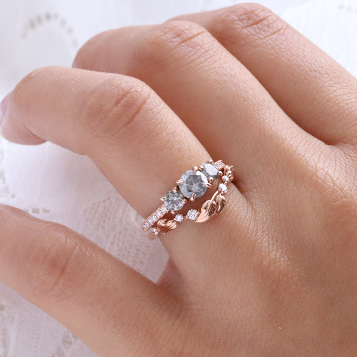 Natural Salt and Pepper Diamond Ring Pave Band Rose Gold Grey Diamond 3 Stone Ring la more design jewelry