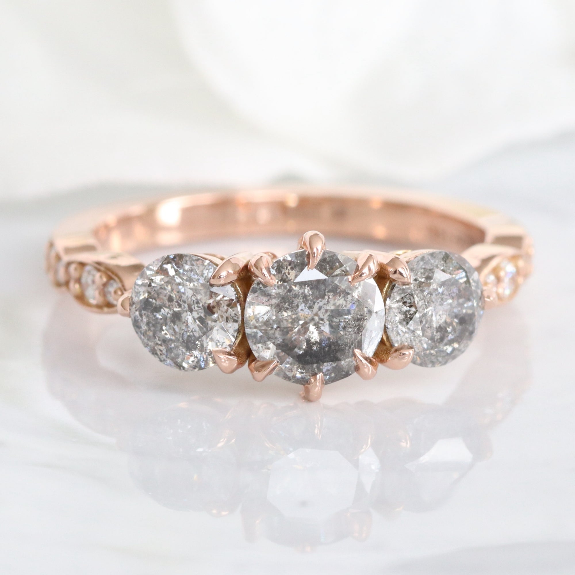 Natural Salt and Pepper Diamond Ring Rose Gold Grey Diamond 3 Stone Ring la more design jewelry