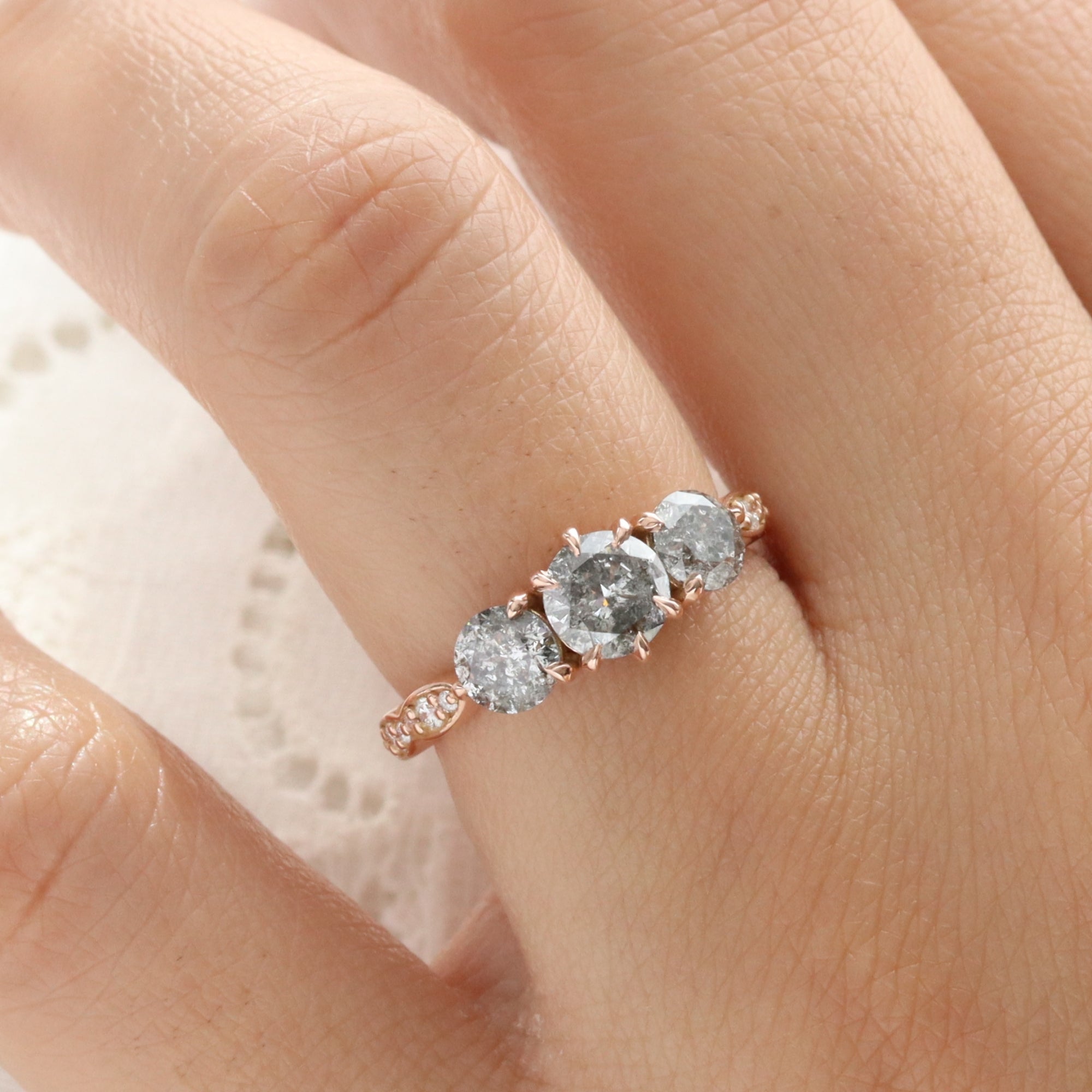 Natural Salt and Pepper Diamond Ring Rose Gold Grey Diamond 3 Stone Ring la more design jewelry