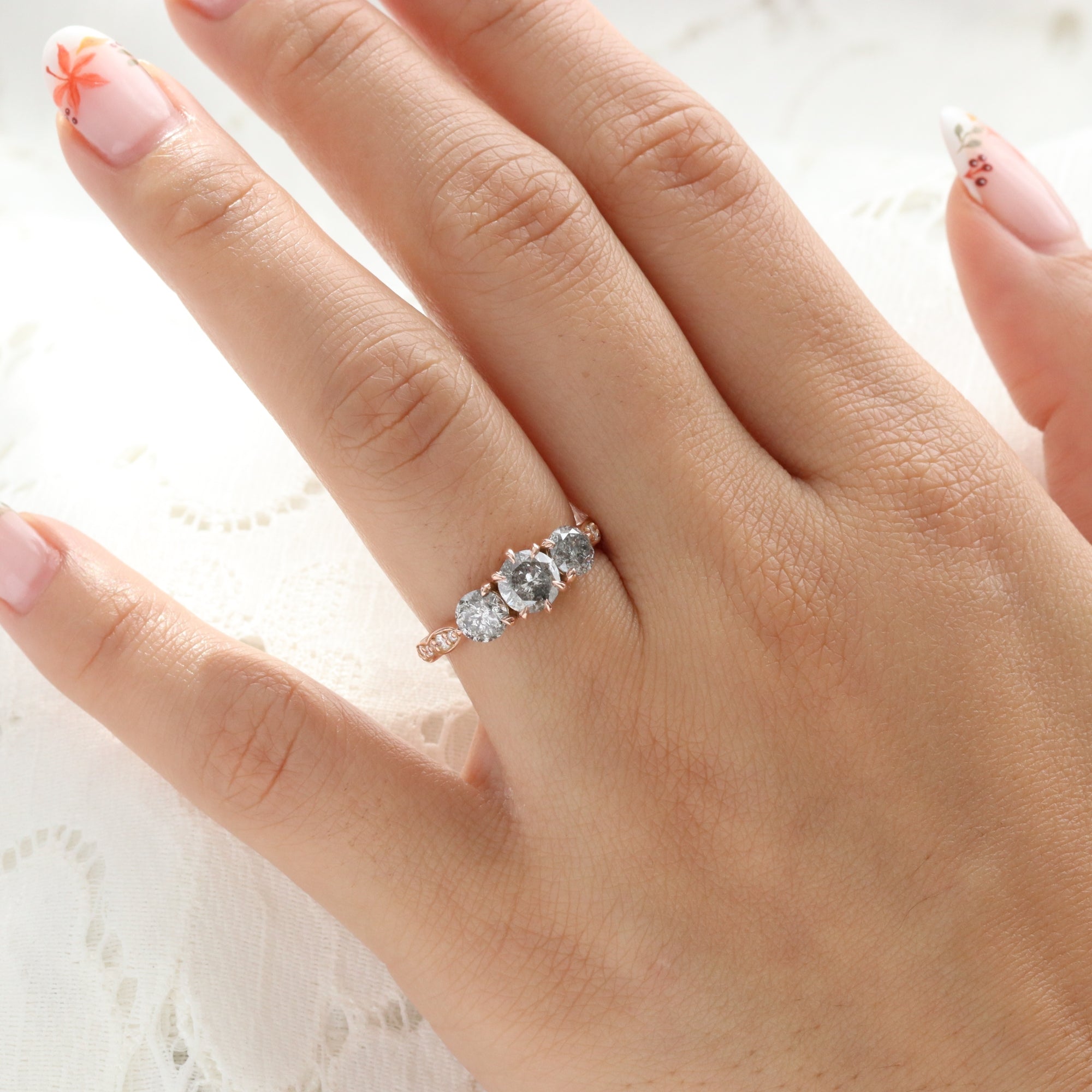 Natural Salt and Pepper Diamond Ring Rose Gold Grey Diamond 3 Stone Ring la more design jewelry