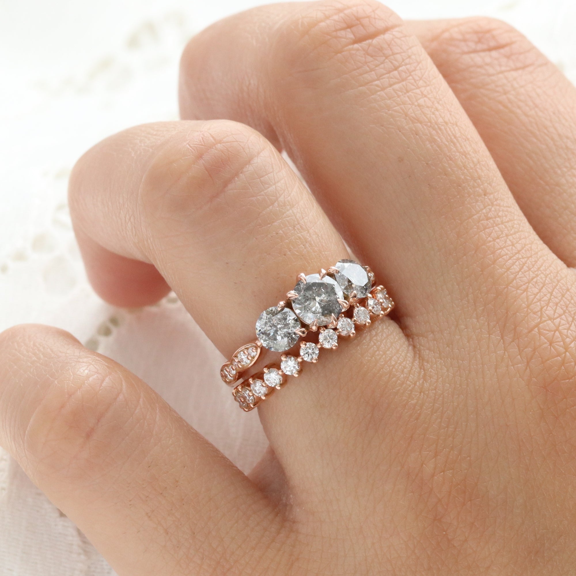 Natural Salt and Pepper Diamond Ring Rose Gold Grey Diamond 3 Stone Ring la more design jewelry