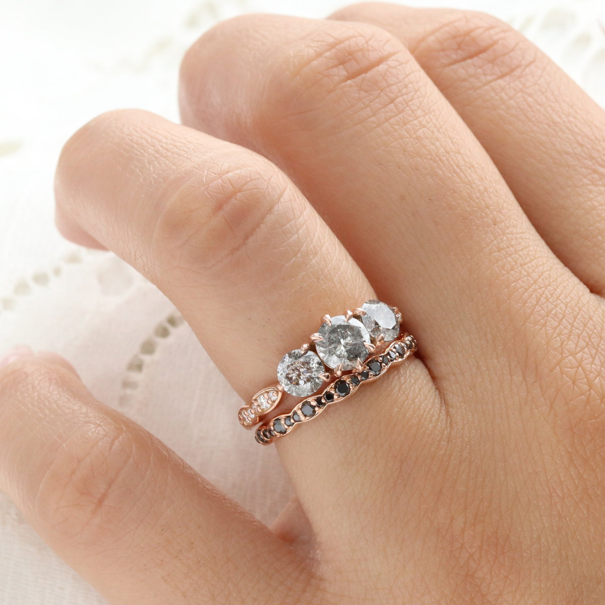Natural Salt and Pepper Diamond Ring Rose Gold Grey Diamond 3 Stone Ring la more design jewelry
