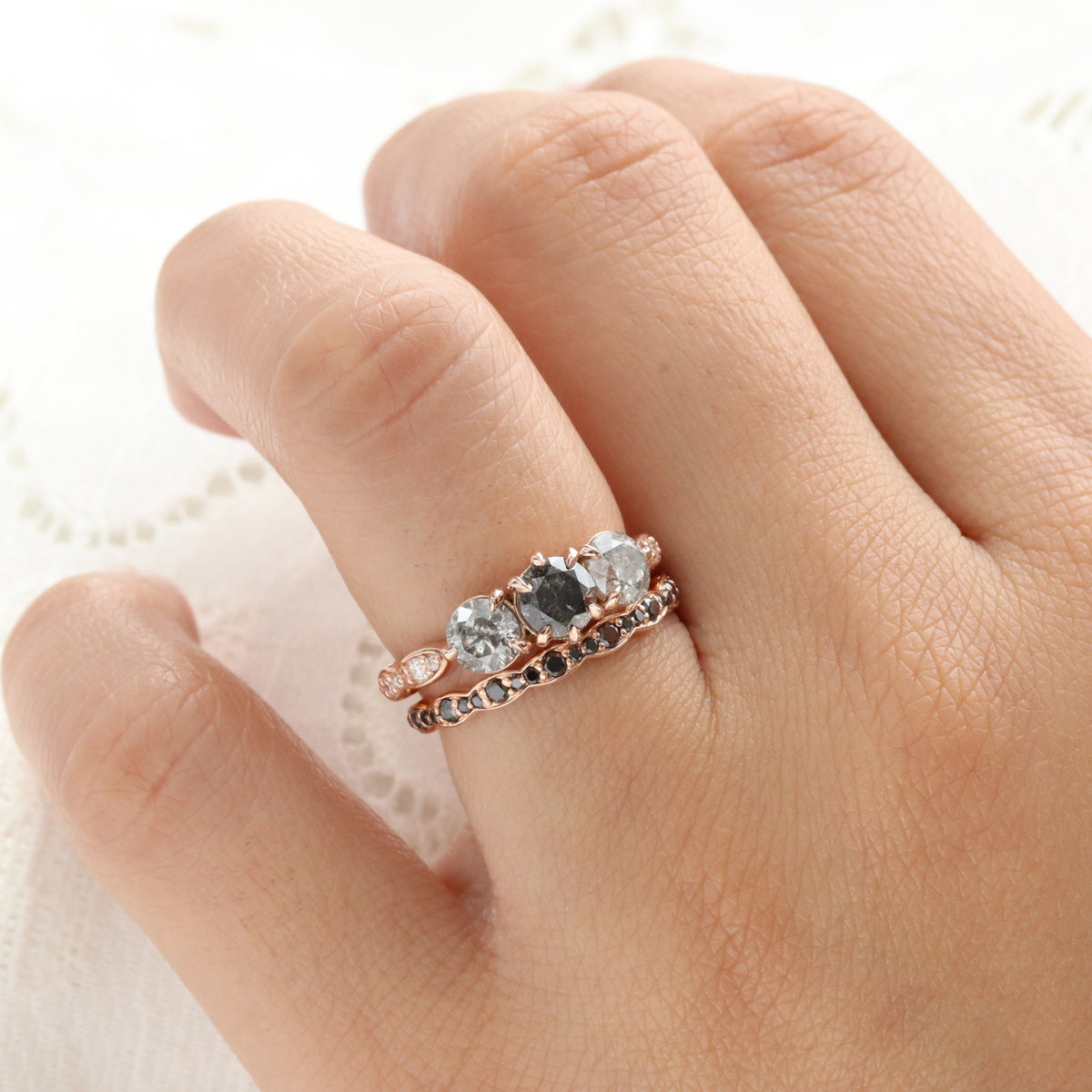 Natural Salt and Pepper Diamond Ring Rose Gold Grey Diamond 3 Stone Ring la more design jewelry