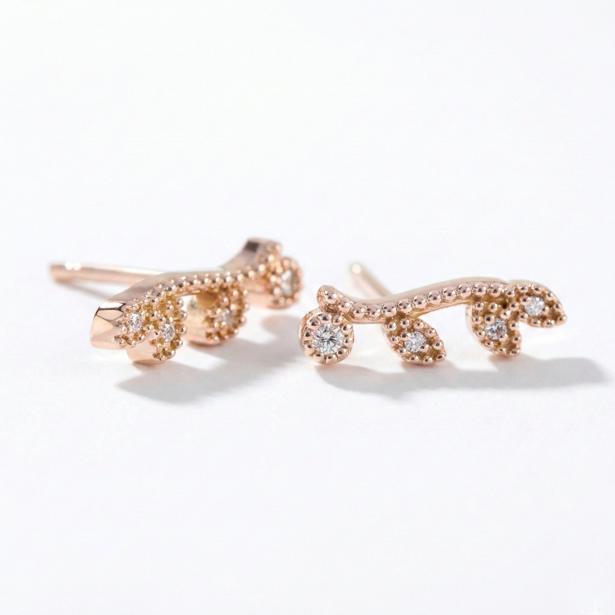 Natural inspired Leaf Diamond Earrings Rose Gold Curved Diamond Studs la more design jewelry