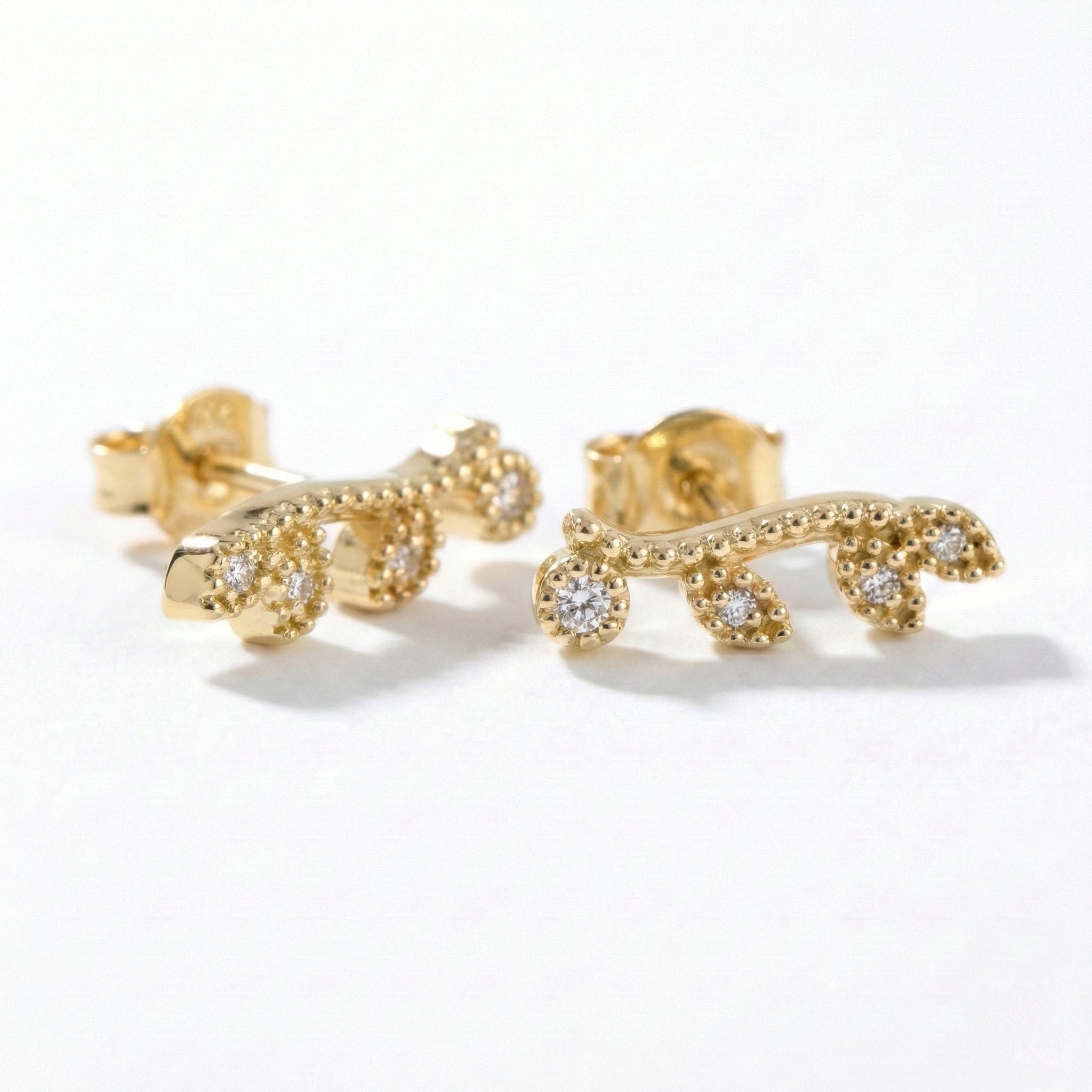 Natural inspired Leaf Diamond Earrings Yellow Gold Curved Diamond Studs la more design jewelry