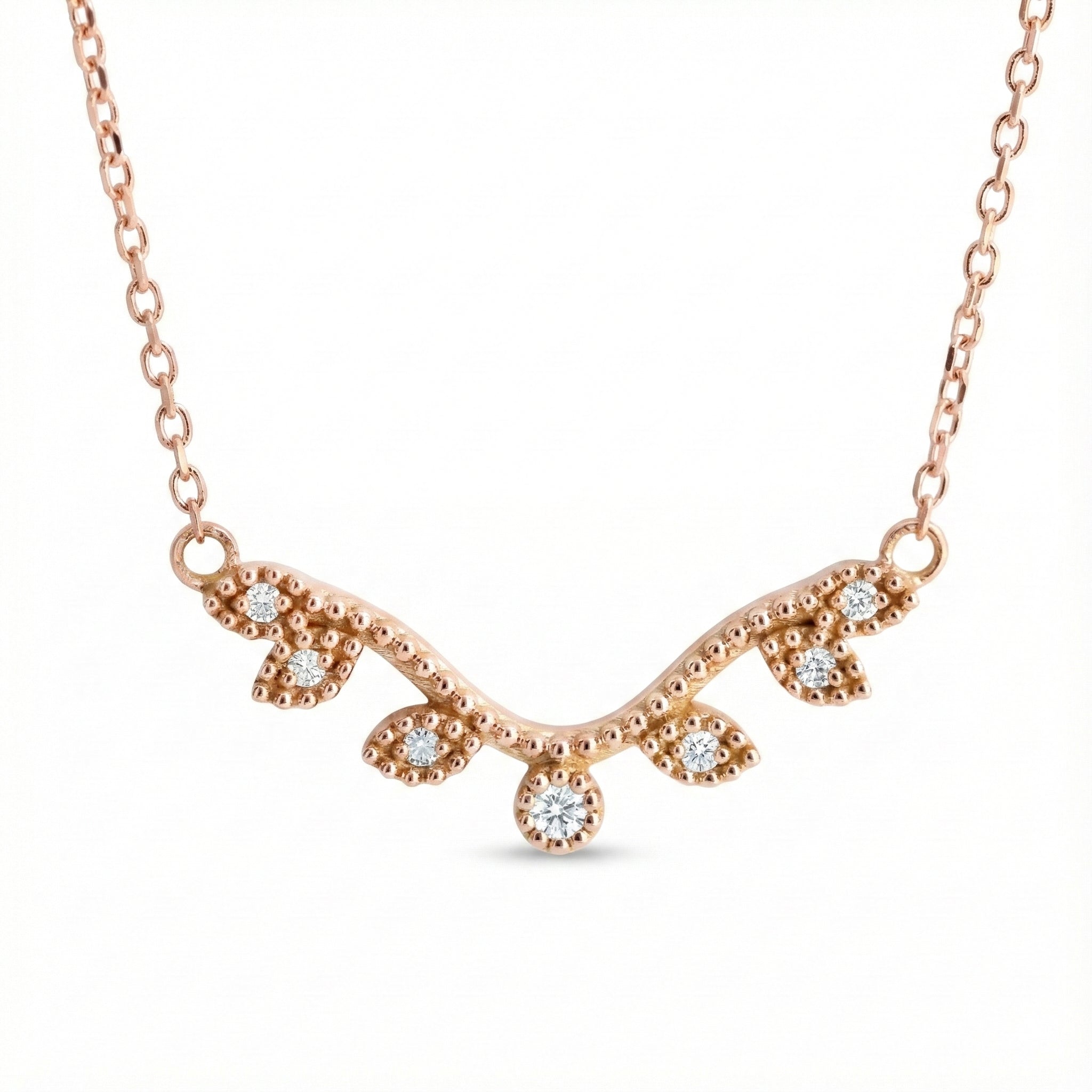 Natural inspired leaf diamond necklace rose gold curved pendant gold chain La More Design Jewelry