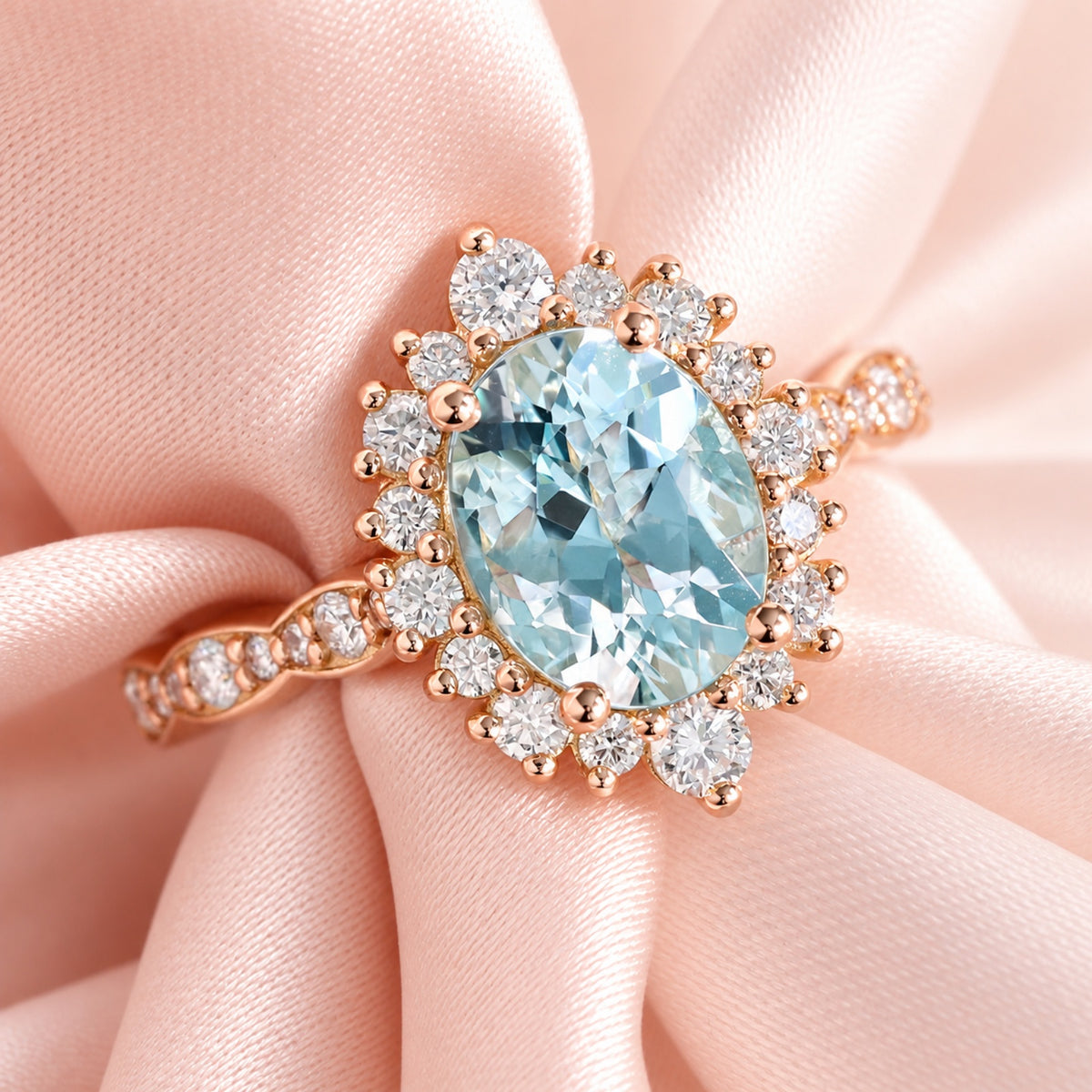 Natural oval aquamarine ring rose gold, halo diamond aquamarine engagement ring in scalloped diamond band la more design jewelry