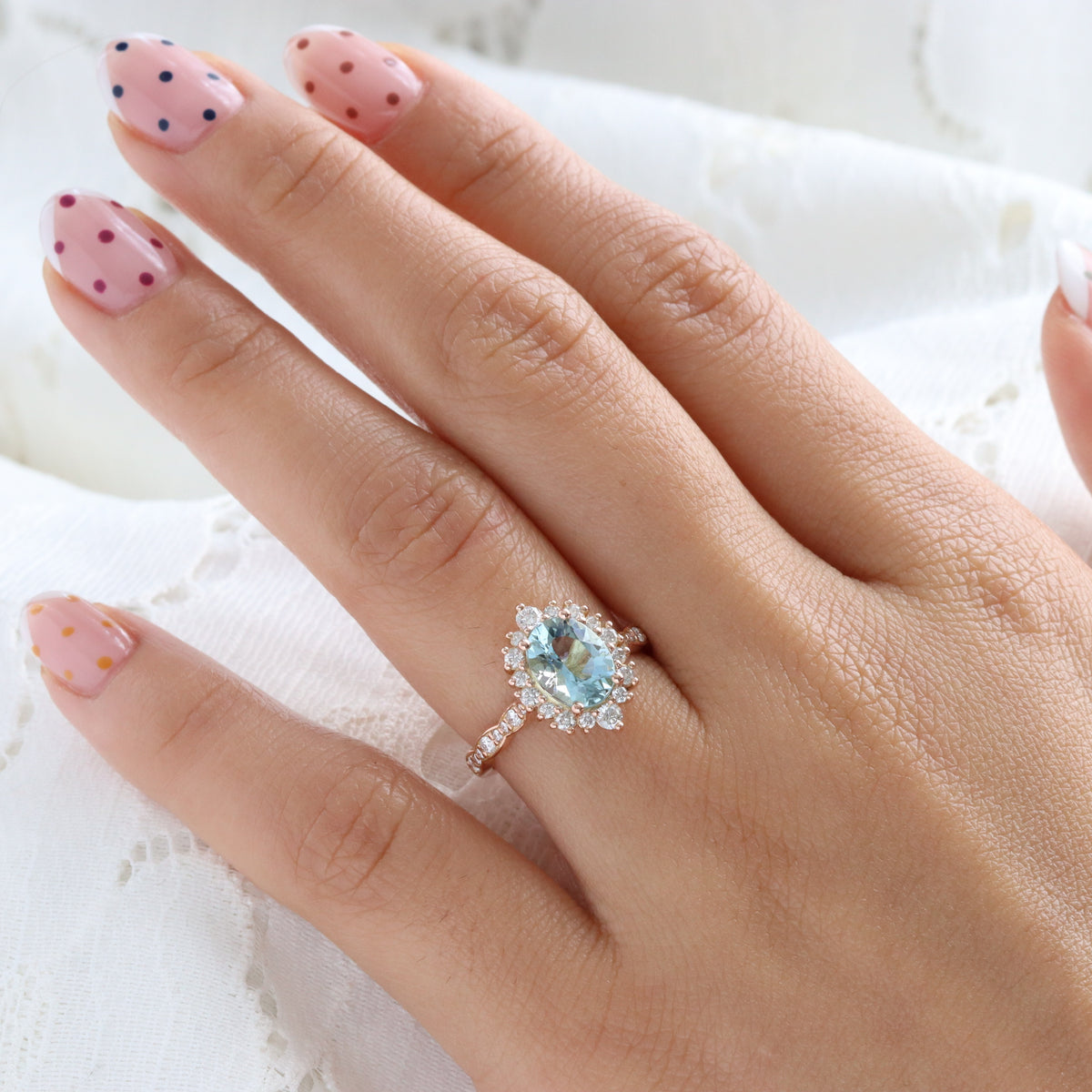 Natural oval aquamarine ring rose gold, halo diamond aquamarine engagement ring in scalloped diamond band la more design jewelry