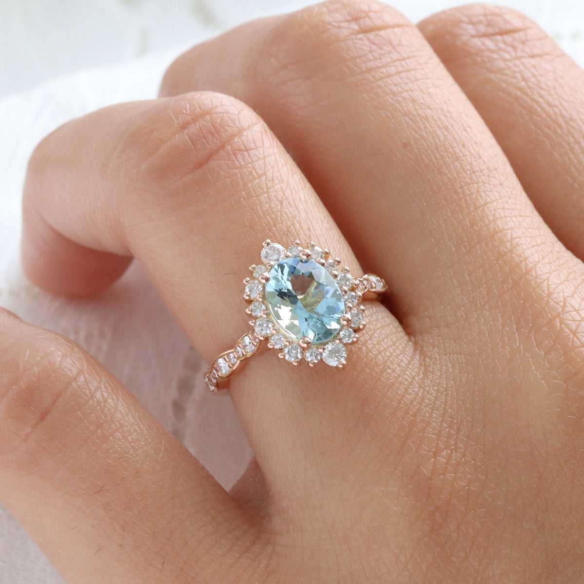 Natural oval aquamarine ring rose gold, halo diamond aquamarine engagement ring in scalloped diamond band la more design jewelry