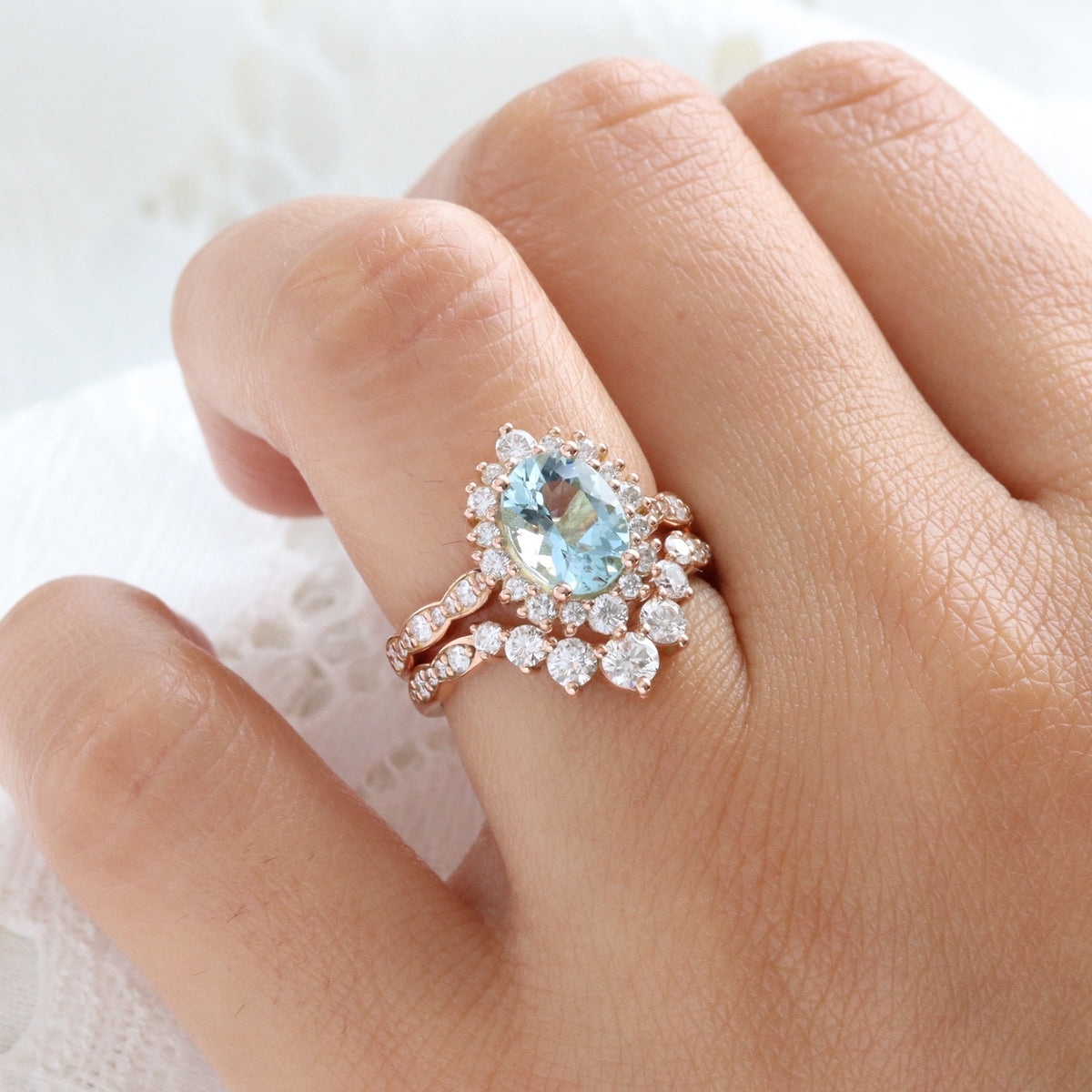 Natural oval aquamarine ring rose gold, halo diamond aquamarine engagement ring in scalloped diamond band la more design jewelry