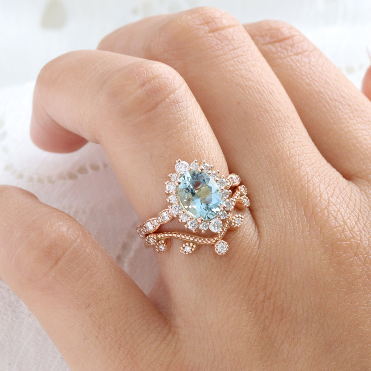 Natural oval aquamarine ring rose gold, halo diamond aquamarine engagement ring in scalloped diamond band la more design jewelry