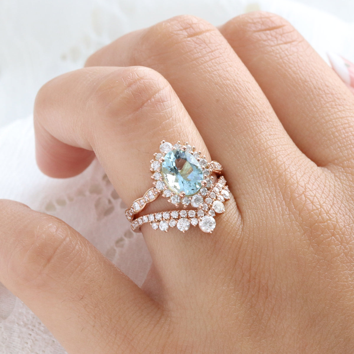 Natural oval aquamarine ring rose gold, halo diamond aquamarine engagement ring in scalloped diamond band la more design jewelry