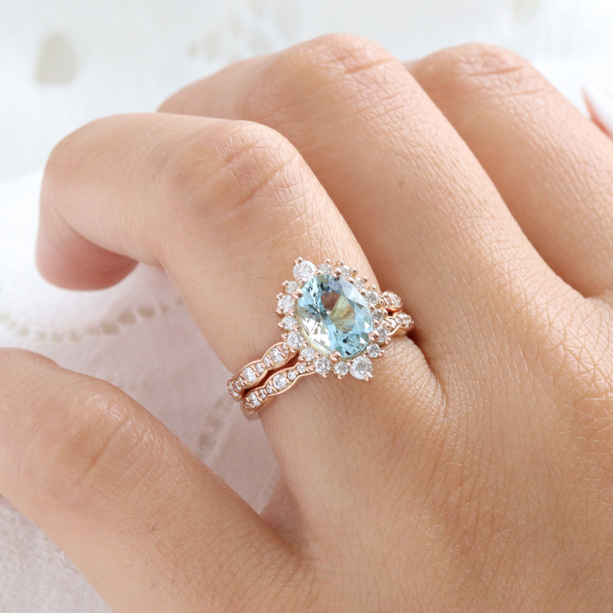 Natural oval aquamarine ring rose gold, halo diamond aquamarine engagement ring in scalloped diamond band la more design jewelry