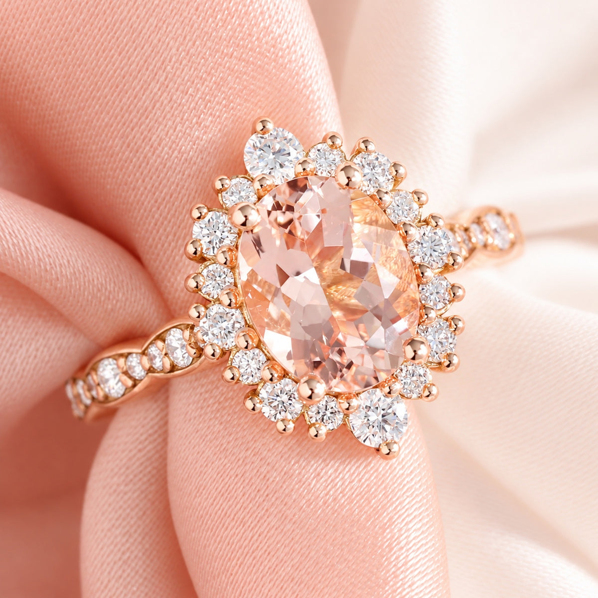 Natural oval morganite ring rose gold, halo diamond peach pink morganite engagement ring in scalloped diamond band la more design jewelry