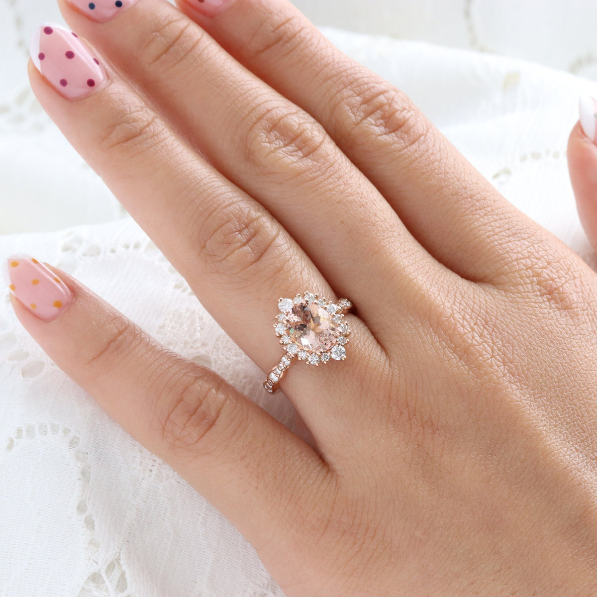 Natural oval morganite ring rose gold, halo diamond peach pink morganite engagement ring in scalloped diamond band la more design jewelry