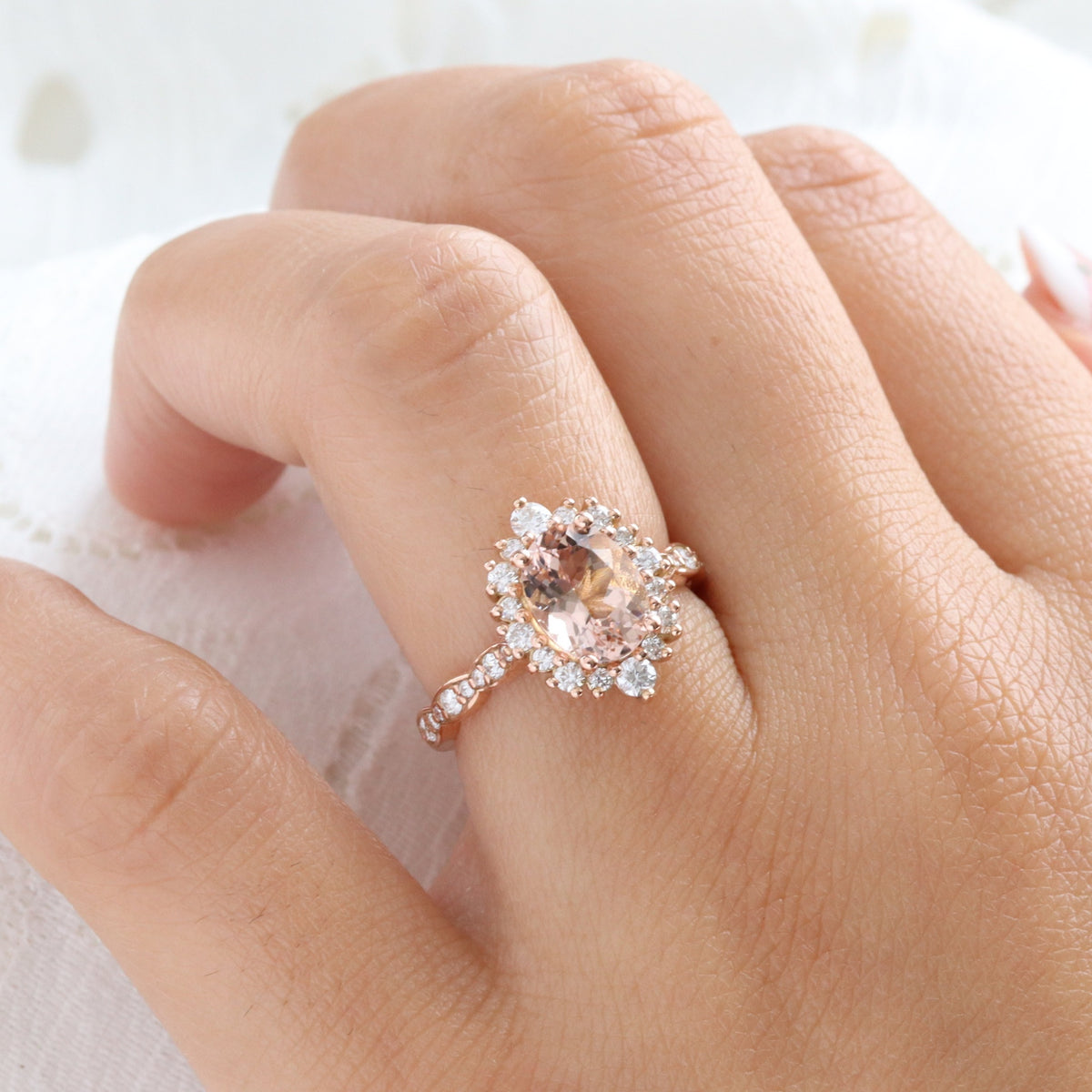 Natural oval morganite ring rose gold, halo diamond peach pink morganite engagement ring in scalloped diamond band la more design jewelry