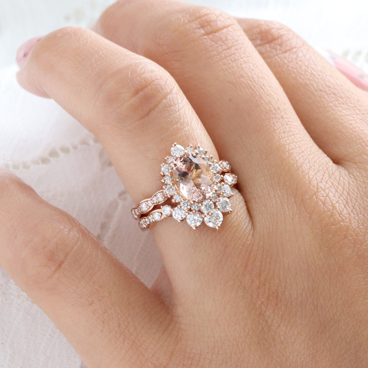 Natural oval morganite ring rose gold, halo diamond peach pink morganite engagement ring in scalloped diamond band la more design jewelry