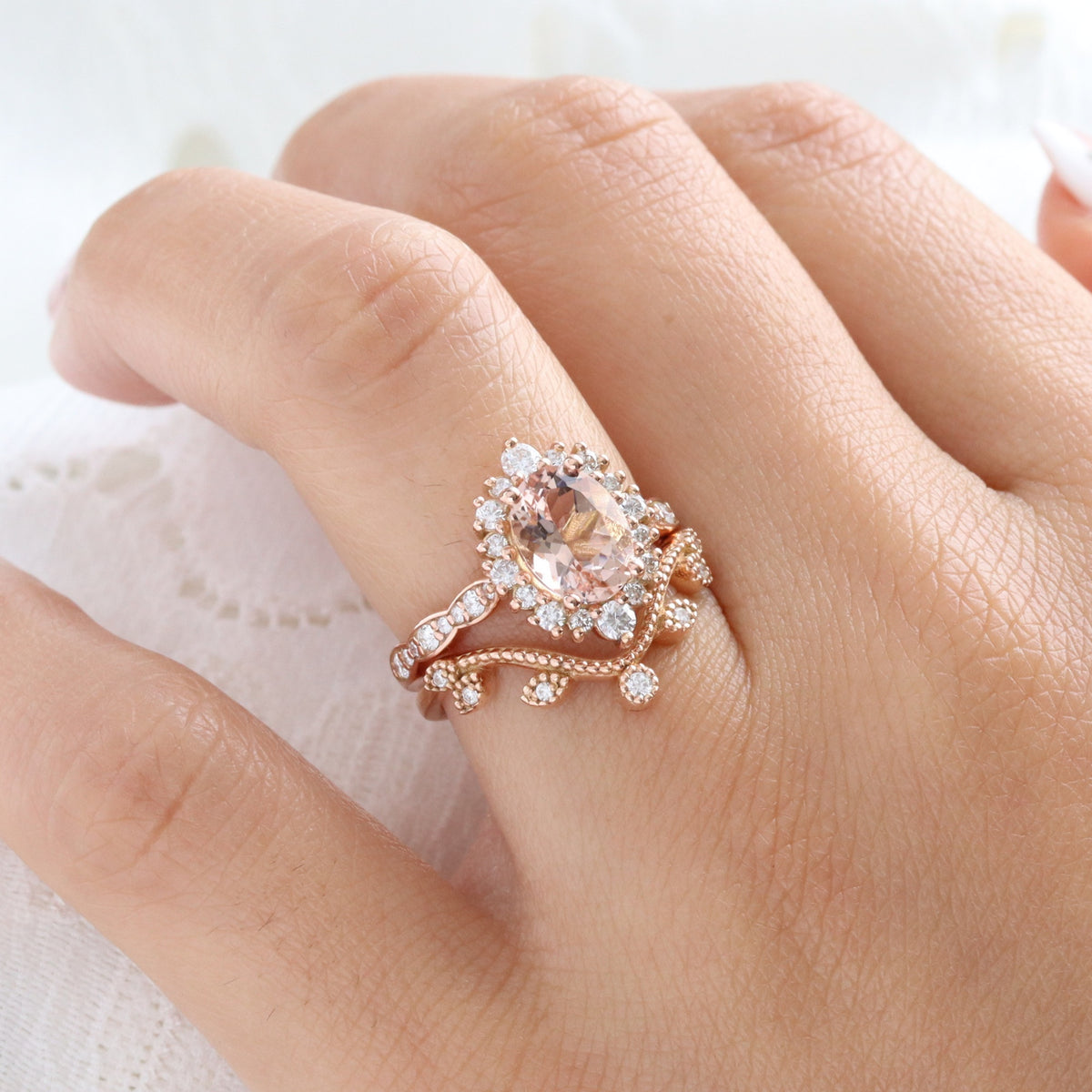 Natural oval morganite ring rose gold, halo diamond peach pink morganite engagement ring in scalloped diamond band la more design jewelry