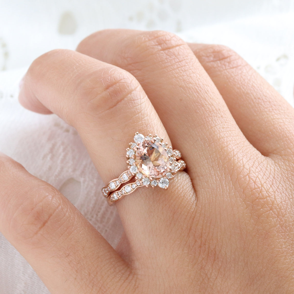 Natural oval morganite ring rose gold, halo diamond peach pink morganite engagement ring in scalloped diamond band la more design jewelry
