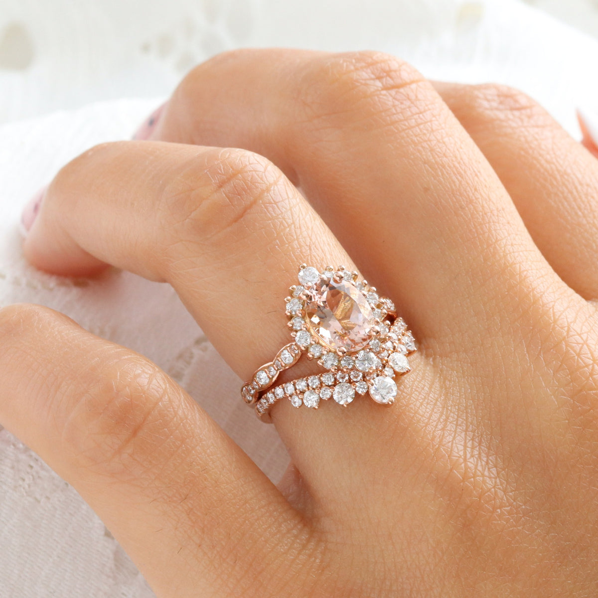 2.35 Ct Oval Morganite Ring in 14k Rose Gold Tiara Halo Diamond, Size 6.5