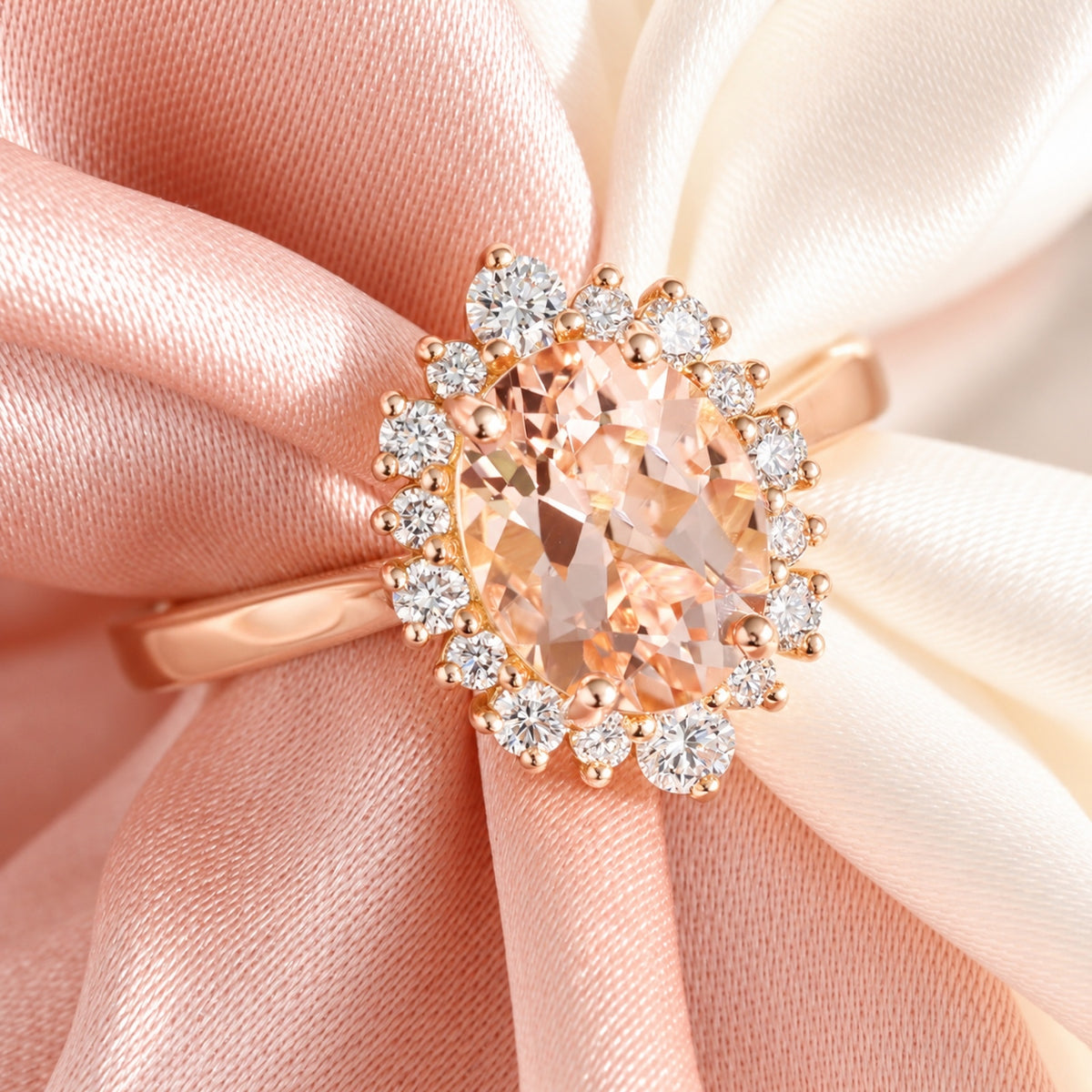 Natural oval morganite ring rose gold, halo diamond peach pink morganite engagement ring la more design jewelry