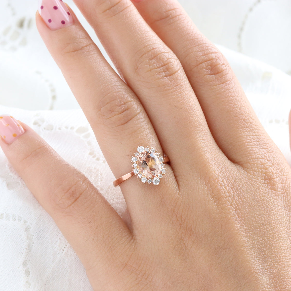 Natural oval morganite ring rose gold, halo diamond peach pink morganite engagement ring la more design jewelry