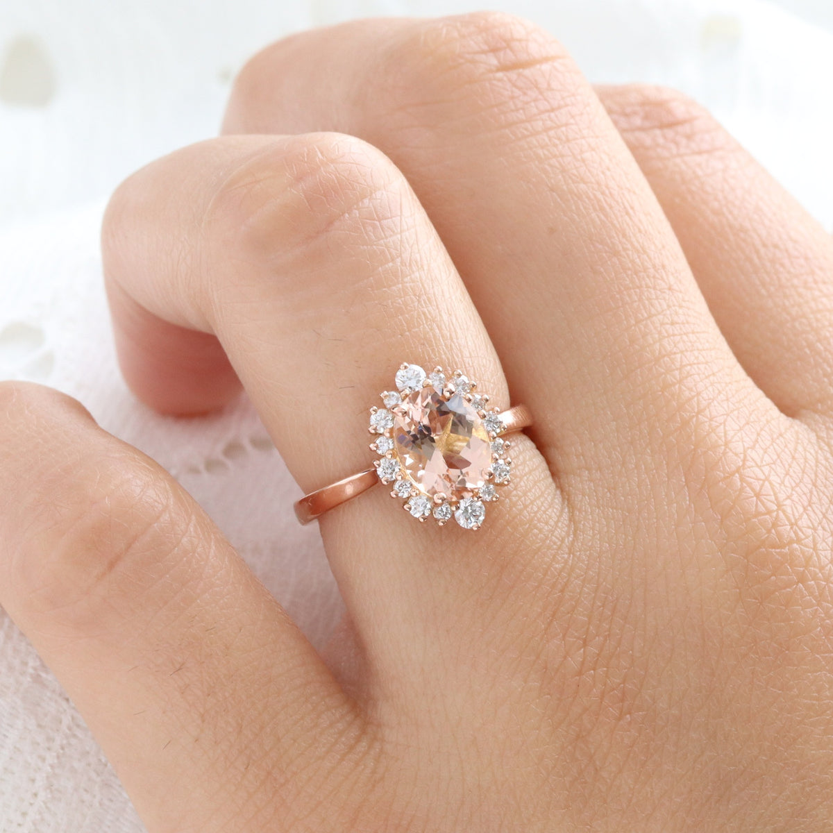 Natural oval morganite ring rose gold, halo diamond peach pink morganite engagement ring la more design jewelry