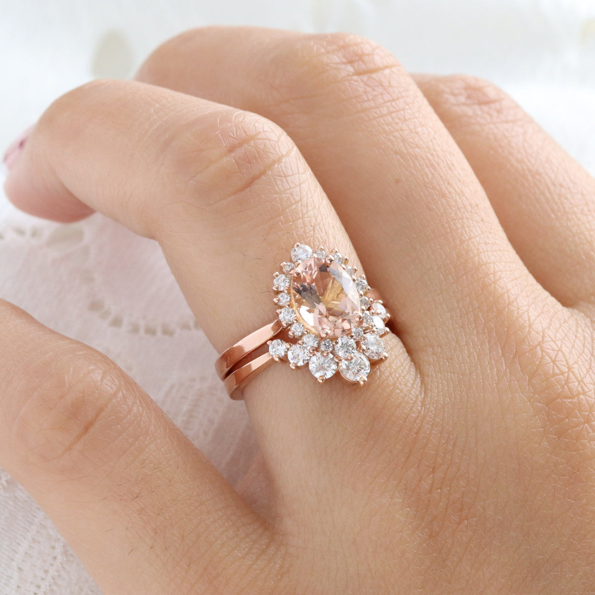 Natural oval morganite ring rose gold, halo diamond peach pink morganite engagement ring la more design jewelry