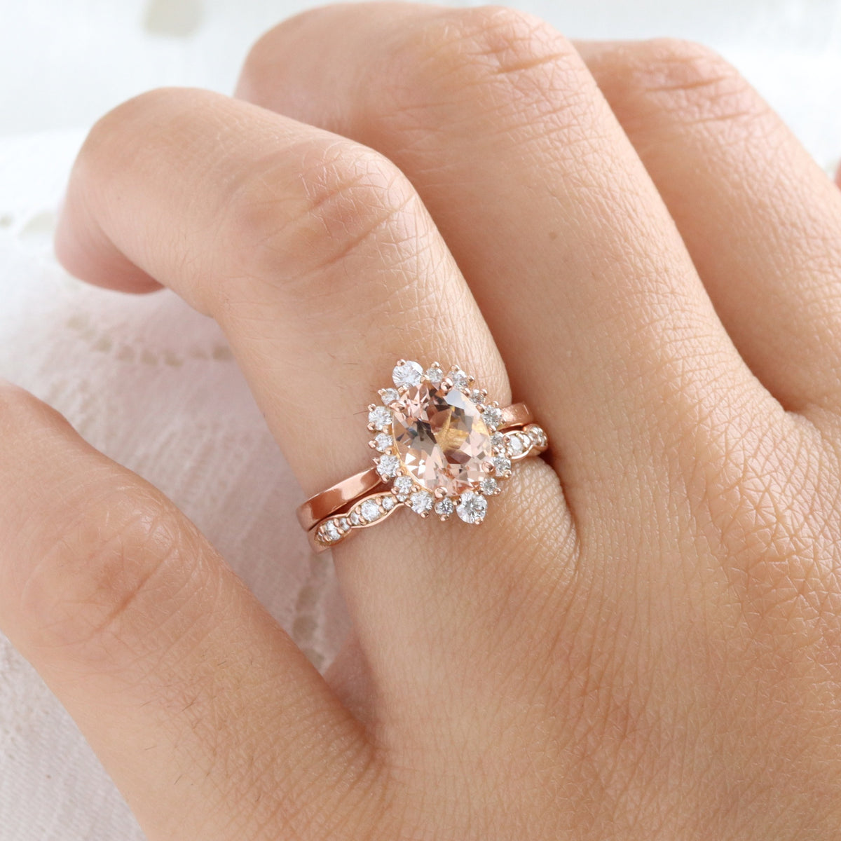 Natural oval morganite ring rose gold, halo diamond peach pink morganite engagement ring la more design jewelry