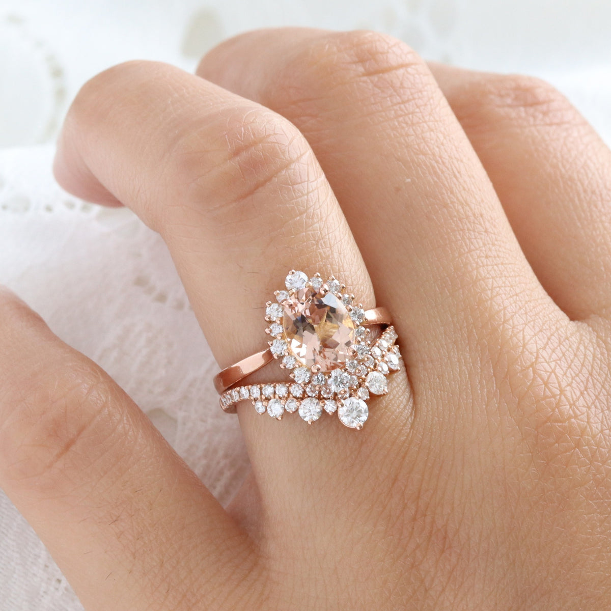 Natural oval morganite ring rose gold, halo diamond peach pink morganite engagement ring la more design jewelry