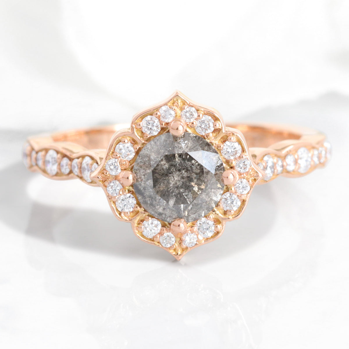 Natural salt and pepper diamond ring rose gold grey diamond vintage halo ring la more design jewelry