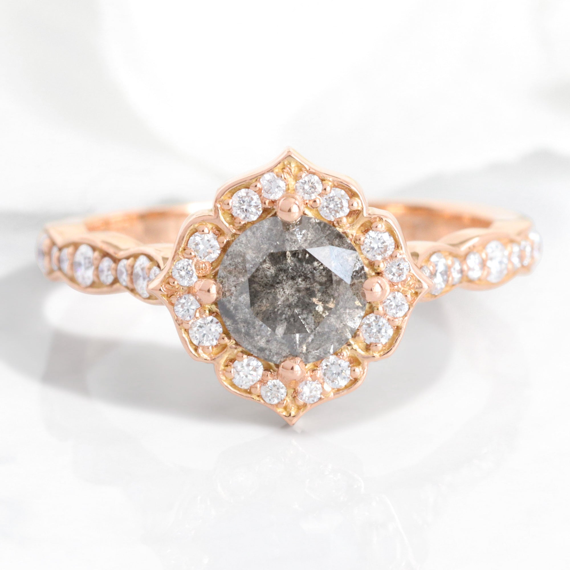 Natural salt and pepper diamond ring rose gold grey diamond vintage halo ring la more design jewelry