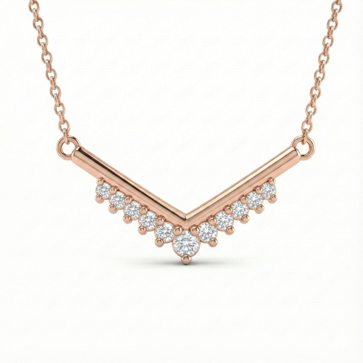 Natural white diamond necklace 14k rose gold v shaped diamond pendant with gold chain by la more design jewelry