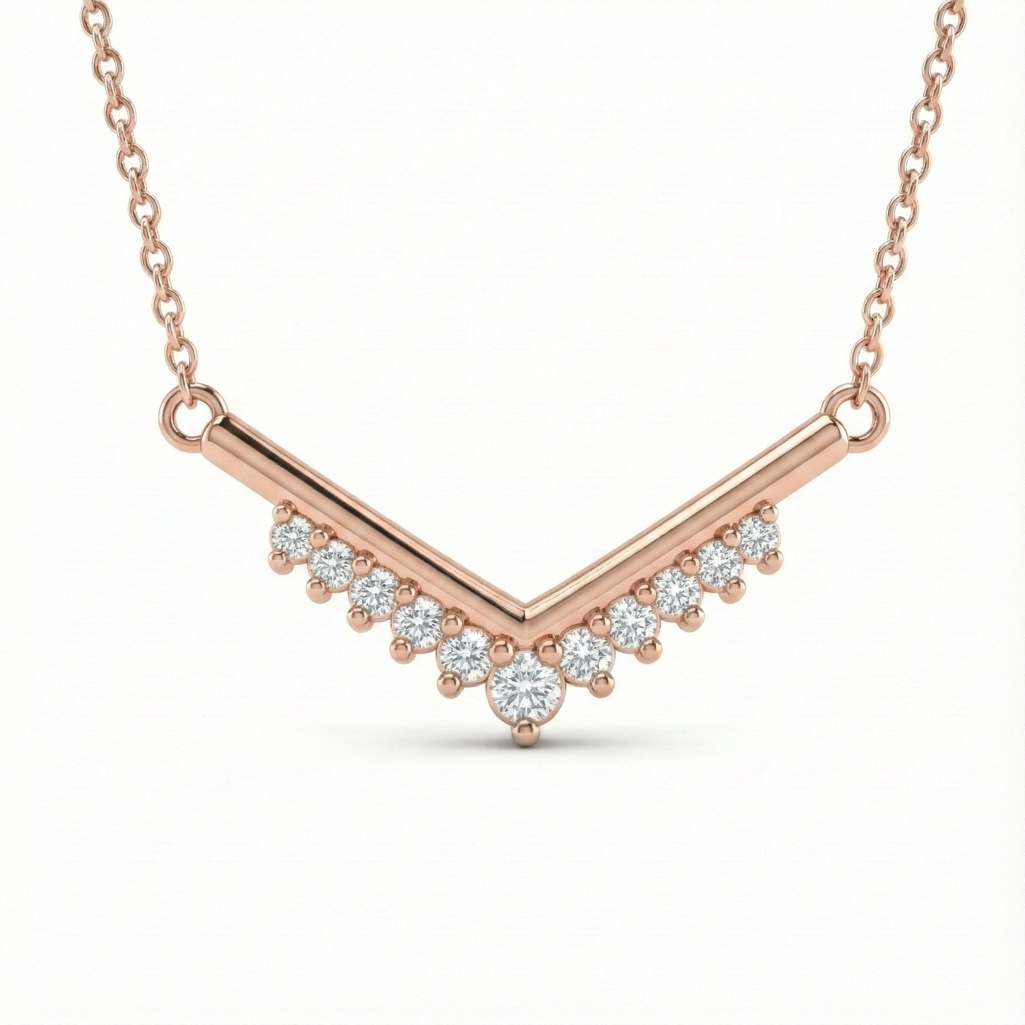 Natural white diamond necklace 14k rose gold v shaped diamond pendant with gold chain by la more design jewelry