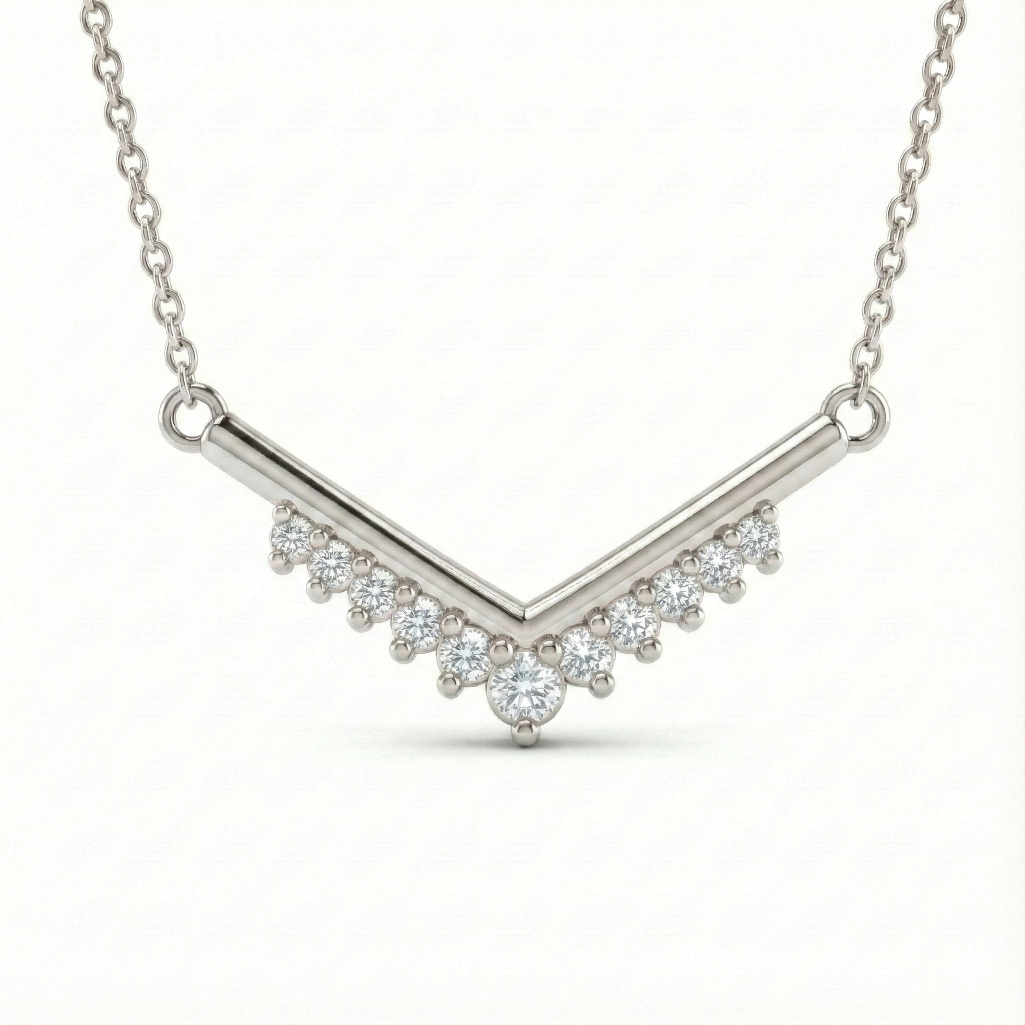 Natural white diamond necklace 14k white gold v shaped diamond pendant with gold chain by la more design jewelry