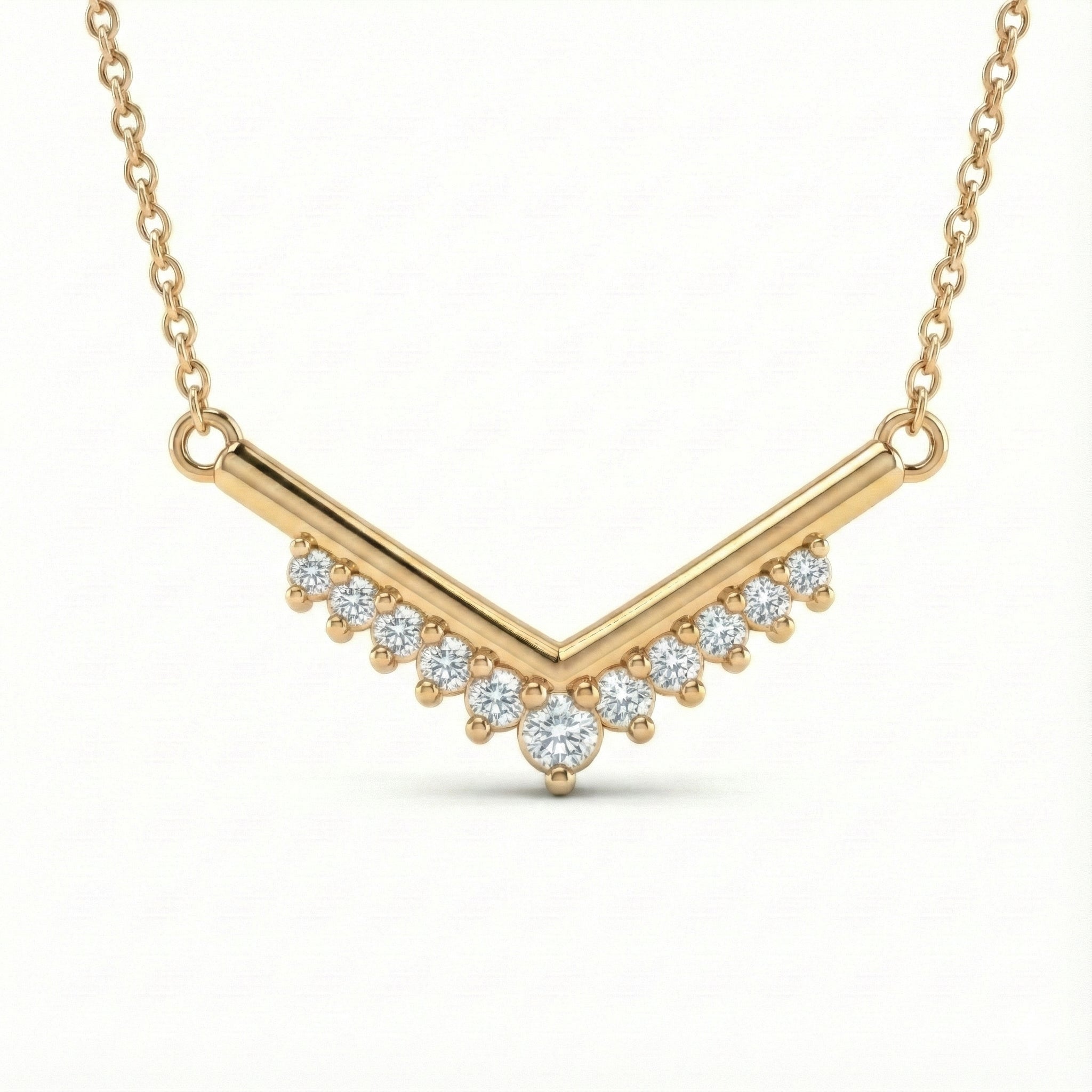 Natural white diamond necklace 14k yellow gold v shaped diamond pendant with gold chain by la more design jewelry