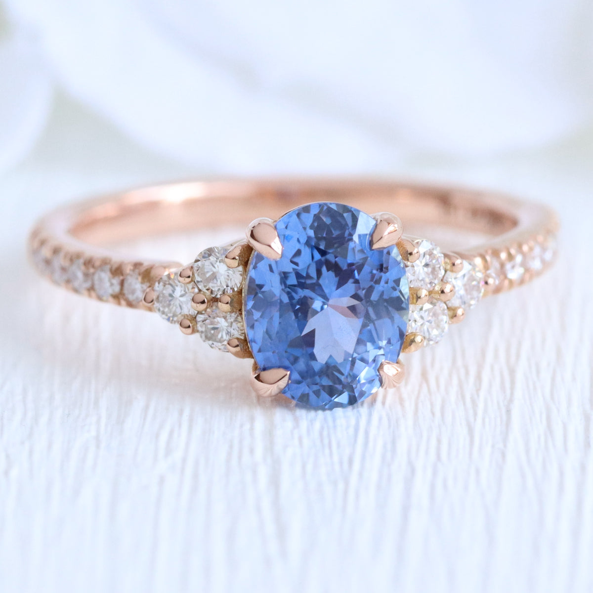 Oval Ceylon blue sapphire ring rose gold 3 stone diamond ring la more design jewelry