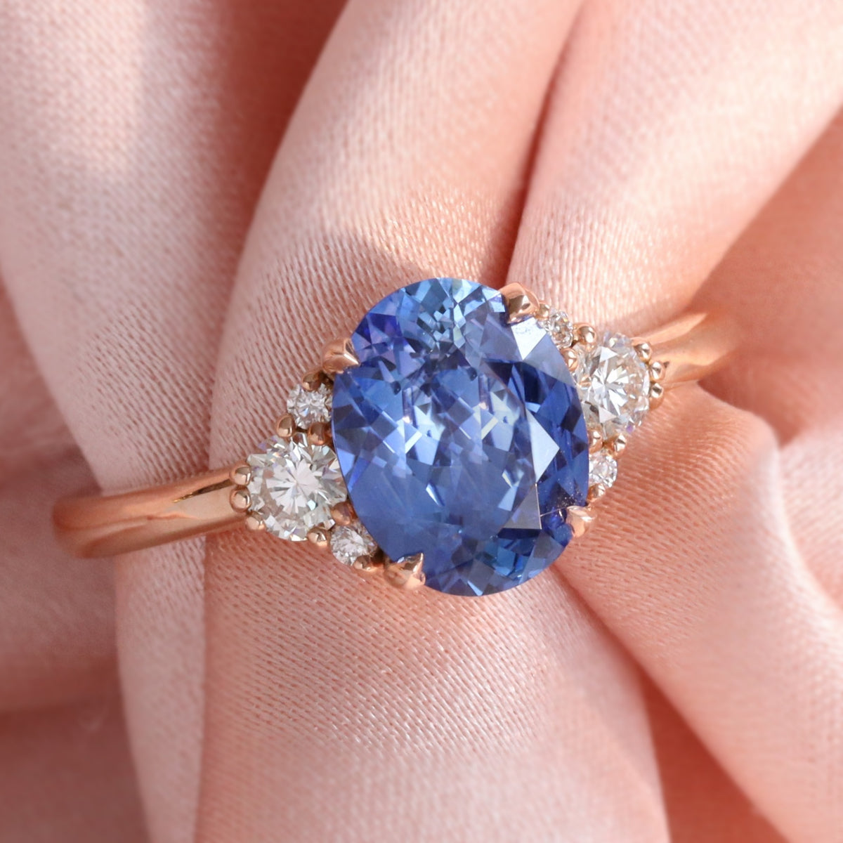 Oval Ceylon blue sapphire ring rose gold 3 stone diamond ring la more design jewelry