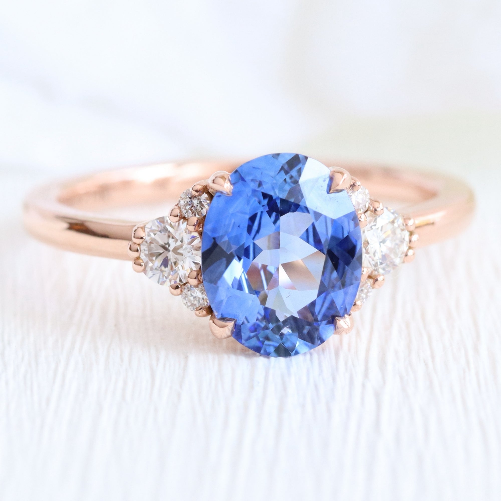 Oval Ceylon blue sapphire ring rose gold 3 stone diamond ring la more design jewelry