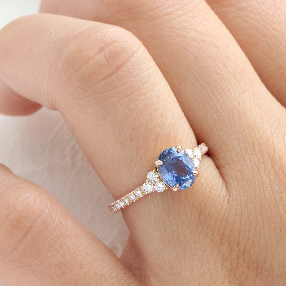 Oval Ceylon blue sapphire ring rose gold 3 stone diamond ring la more design jewelry