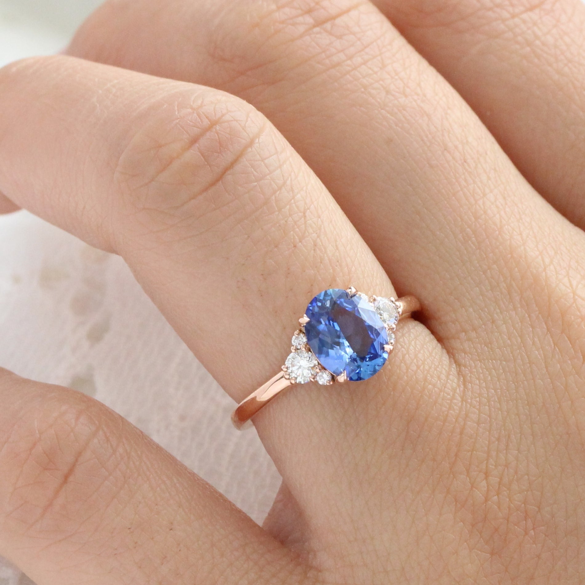 Oval Ceylon blue sapphire ring rose gold 3 stone diamond ring la more design jewelry