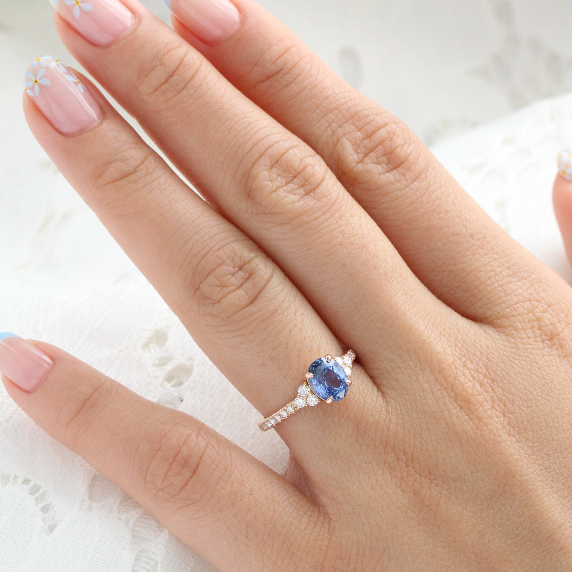 Oval Ceylon blue sapphire ring rose gold 3 stone diamond ring la more design jewelry