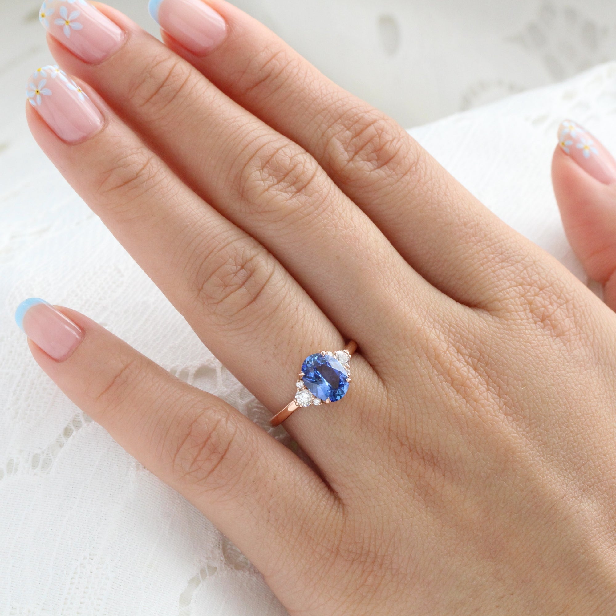 Oval Ceylon blue sapphire ring rose gold 3 stone diamond ring la more design jewelry