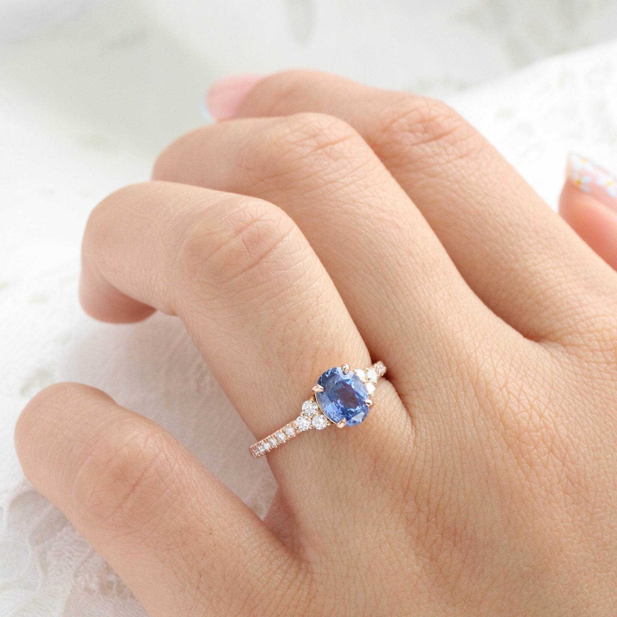 Oval Ceylon blue sapphire ring rose gold 3 stone diamond ring la more design jewelry