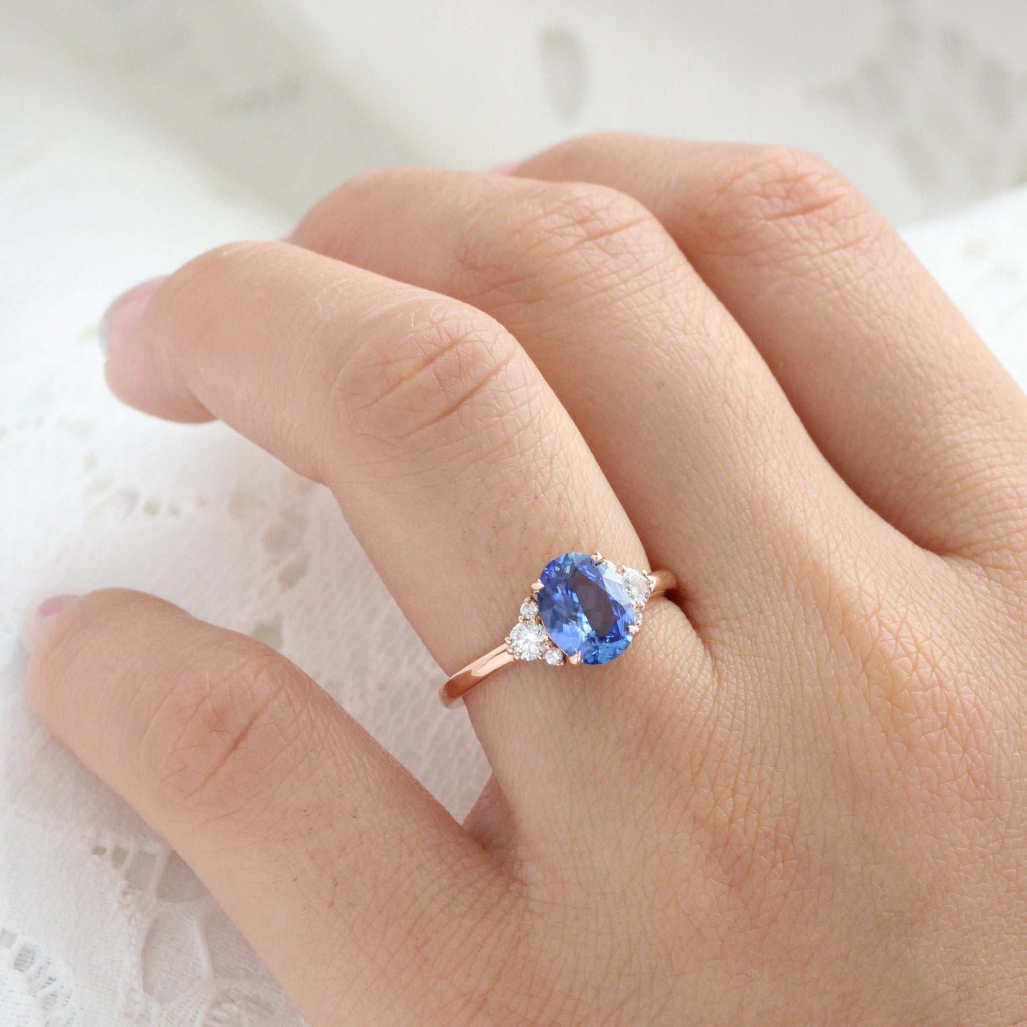 Oval Ceylon blue sapphire ring rose gold 3 stone diamond ring la more design jewelry