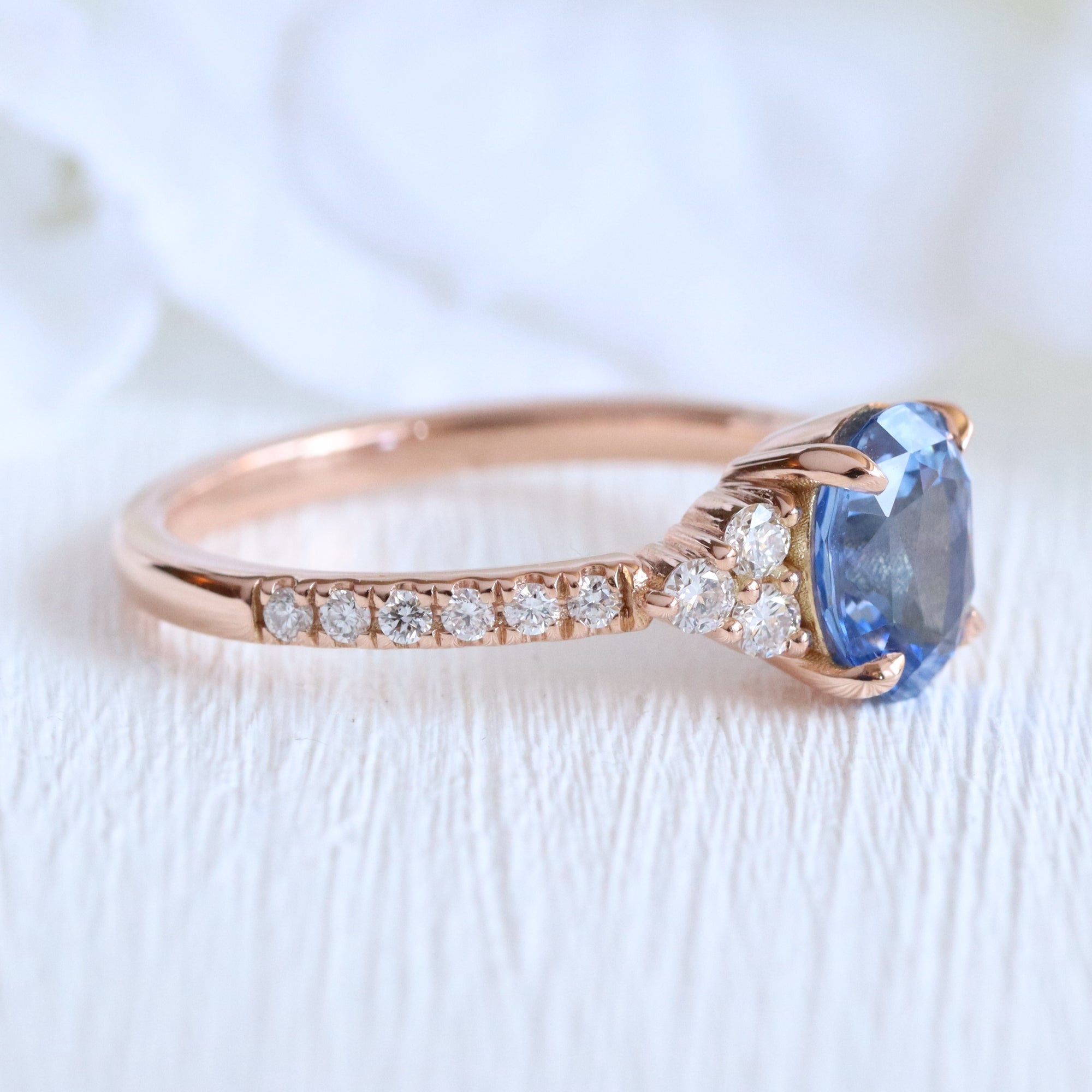 Oval Ceylon blue sapphire ring rose gold 3 stone diamond ring la more design jewelry