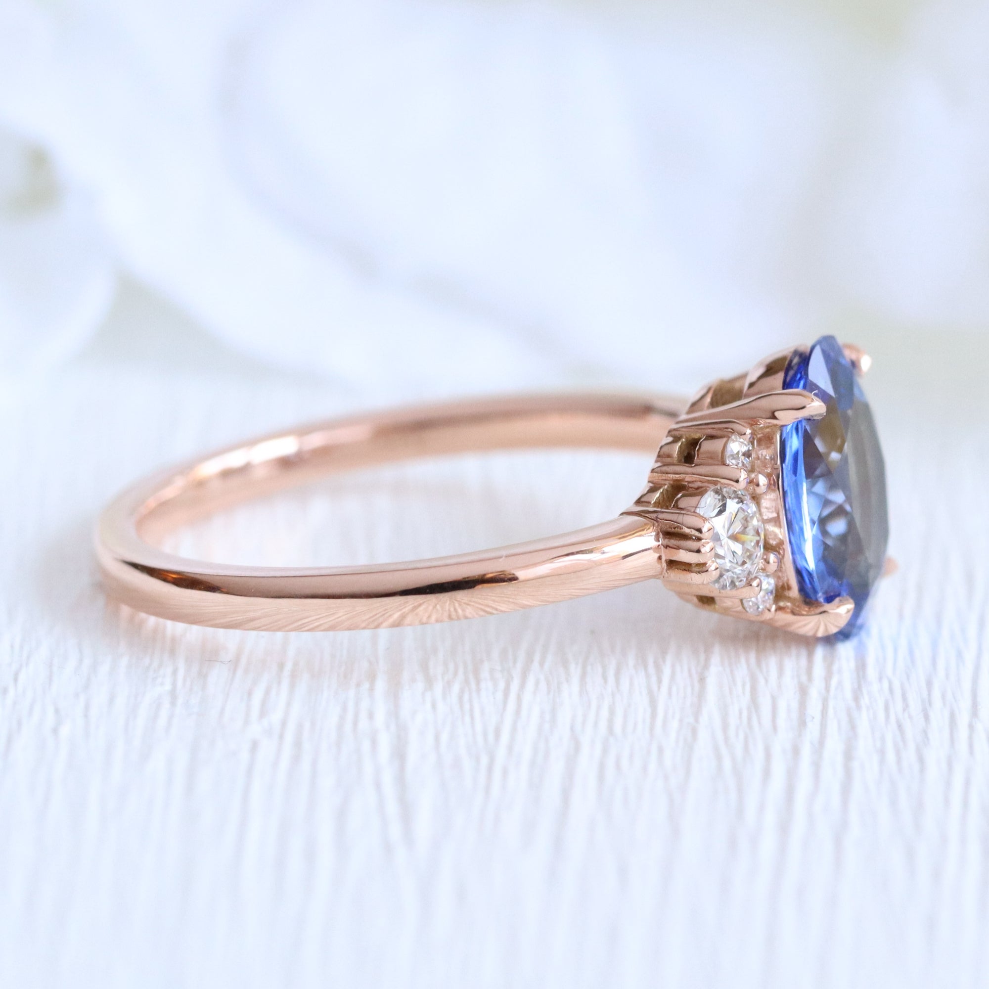 Oval Ceylon blue sapphire ring rose gold 3 stone diamond ring la more design jewelry