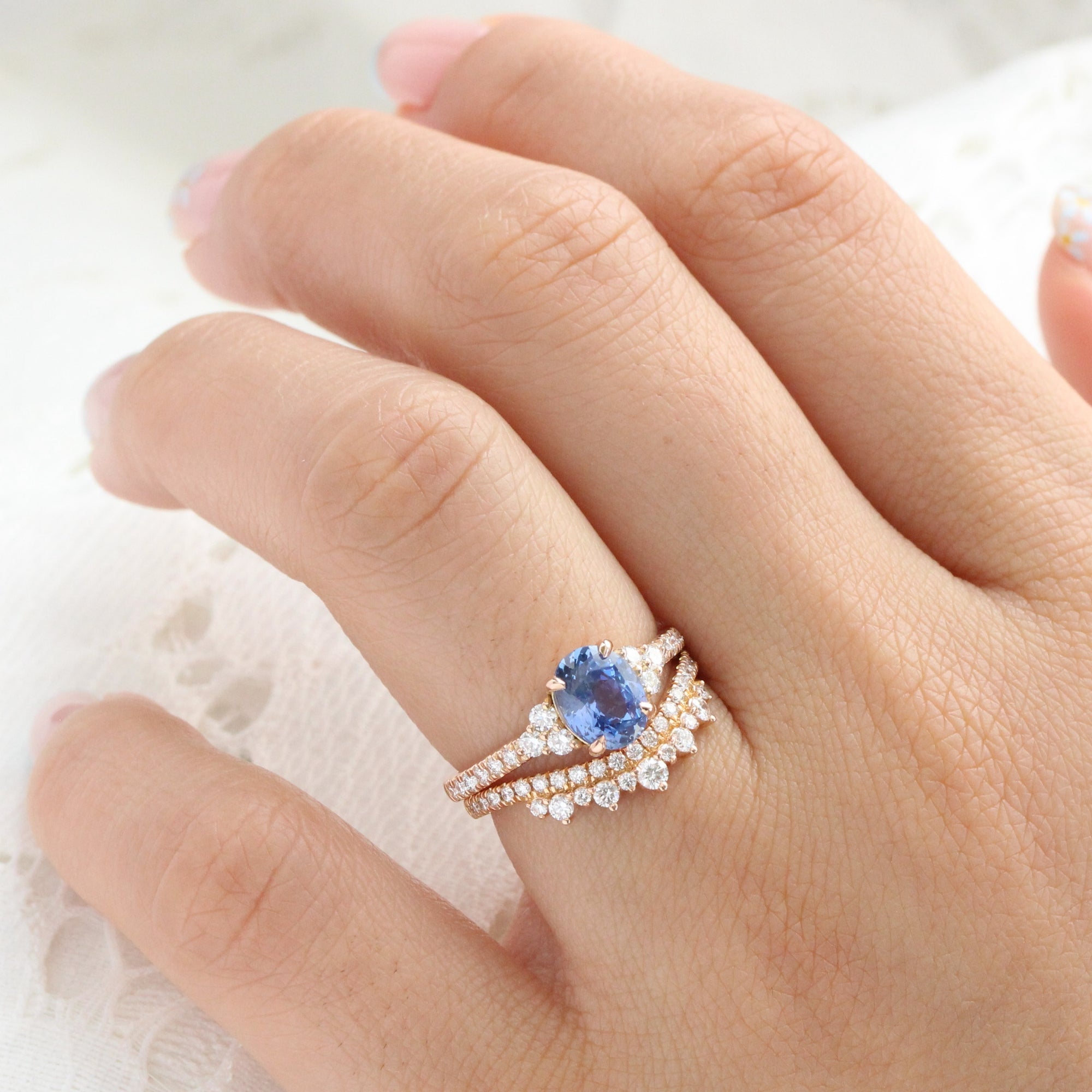 Oval Ceylon blue sapphire ring rose gold 3 stone diamond ring la more design jewelry