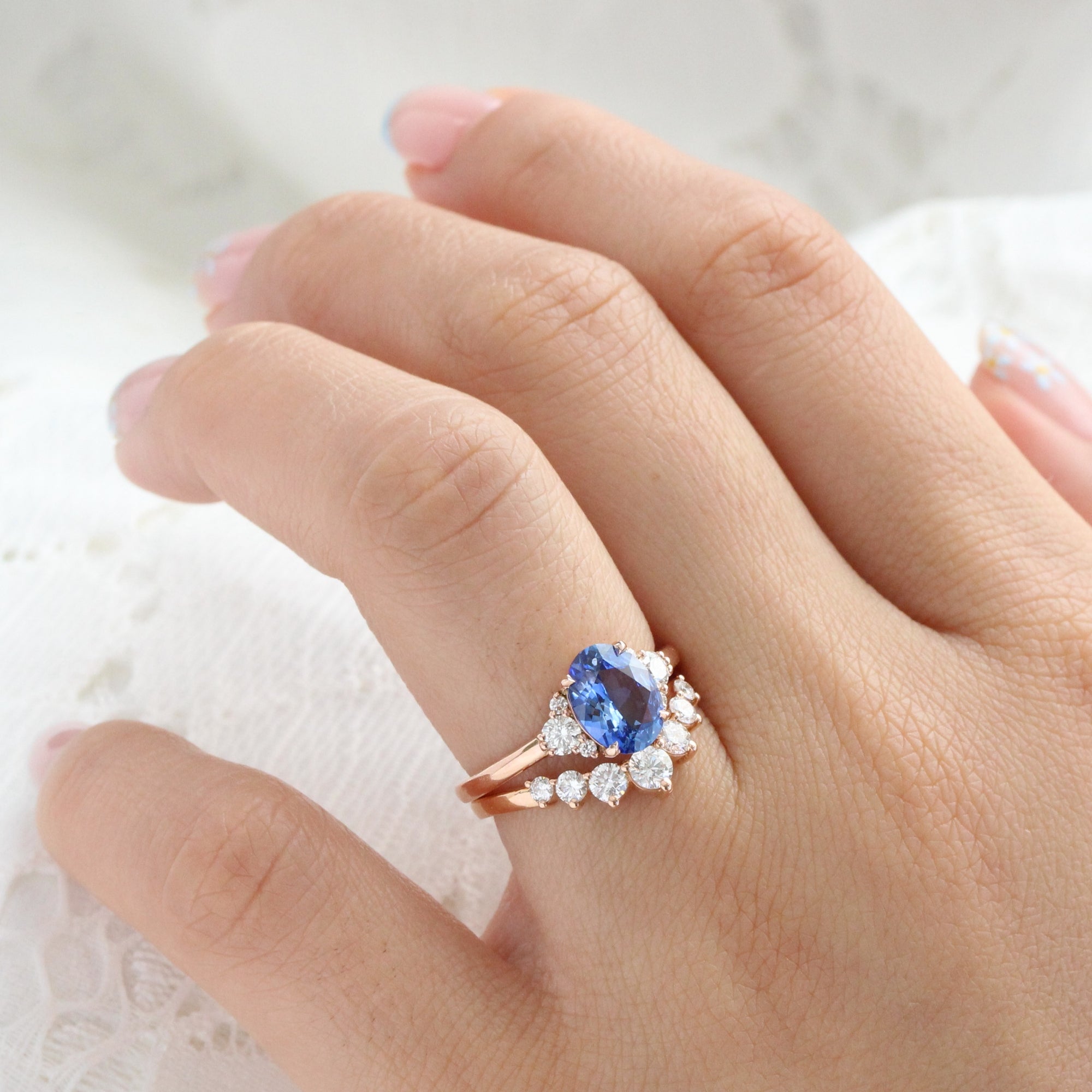 Oval Ceylon blue sapphire ring rose gold 3 stone diamond ring la more design jewelry